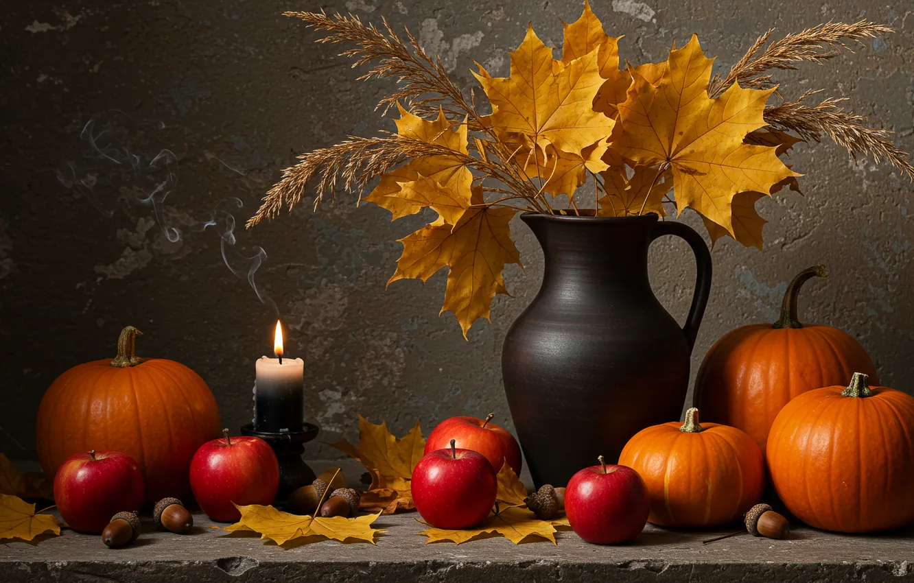 Photo wallpaper autumn, leaves, art, composition, pumpkins