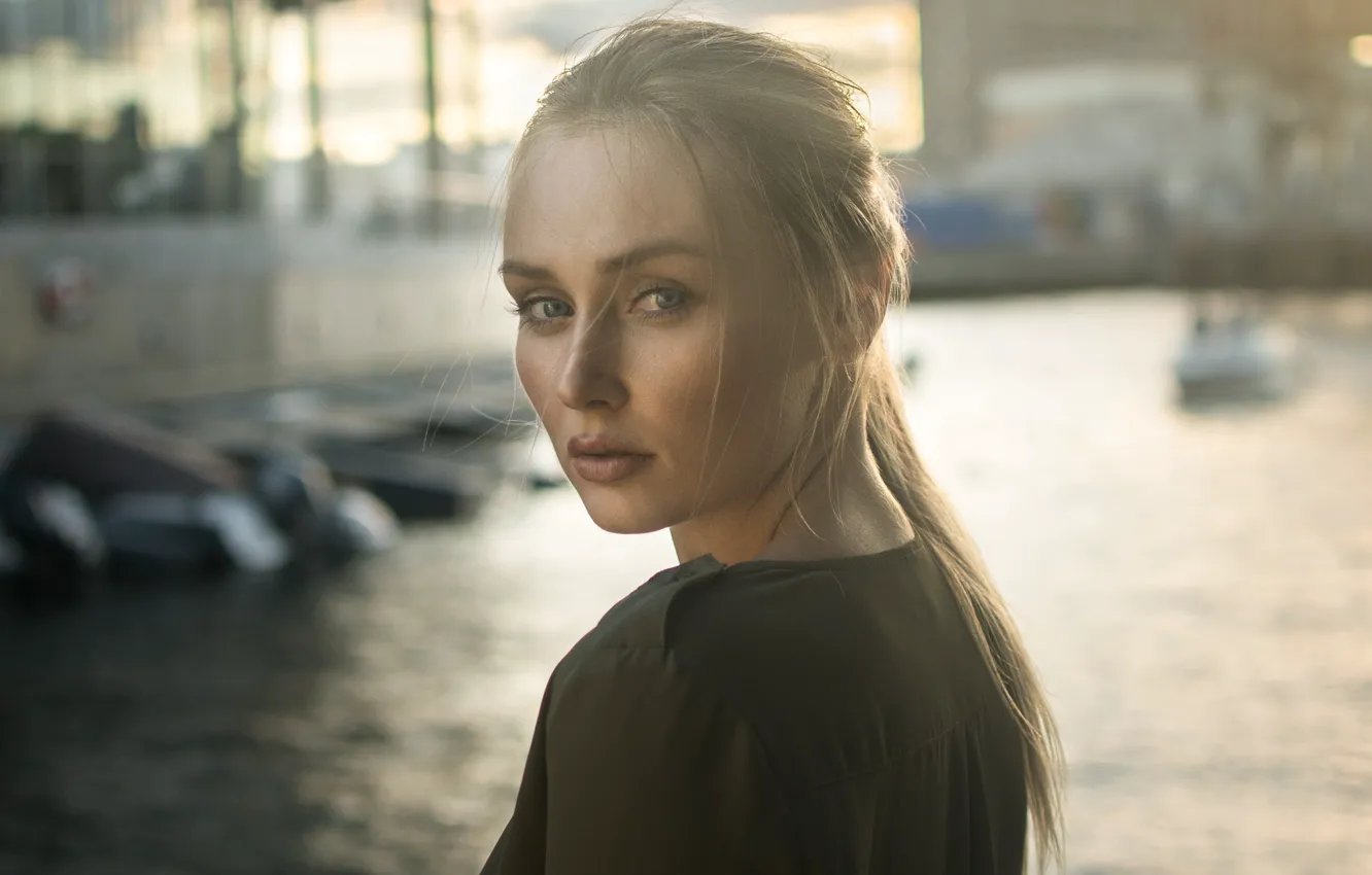 Photo wallpaper look, girl, river, portrait, blonde, beautiful, bokeh, Florian Pascual