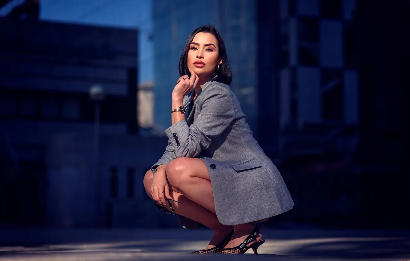 Photo wallpaper pose, feet, brunette, jacket, sitting, Lizeth