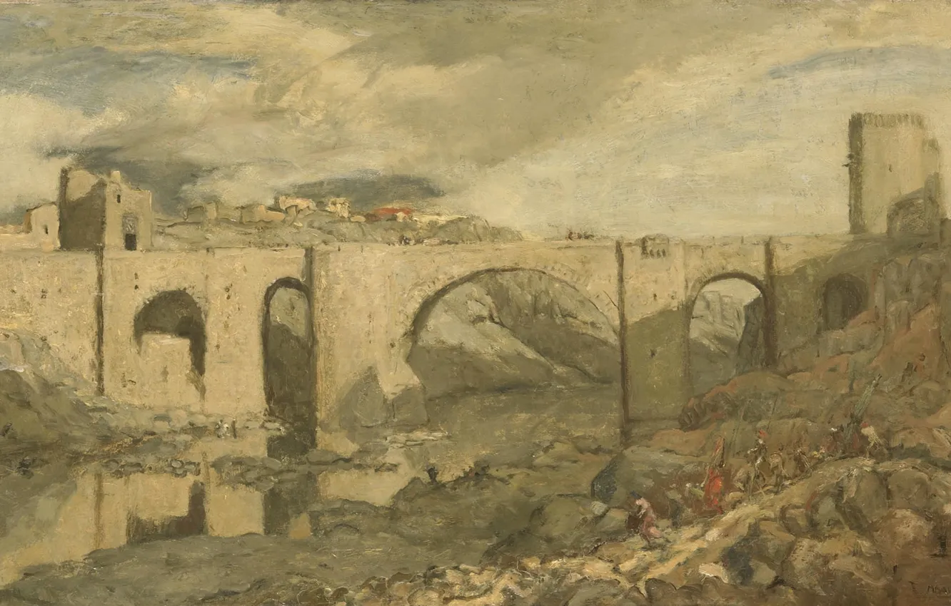 Photo wallpaper landscape, oil, picture, 1903, Marius Alexander Jacques Bauer, Marius Bauer, Bridge in Toledo