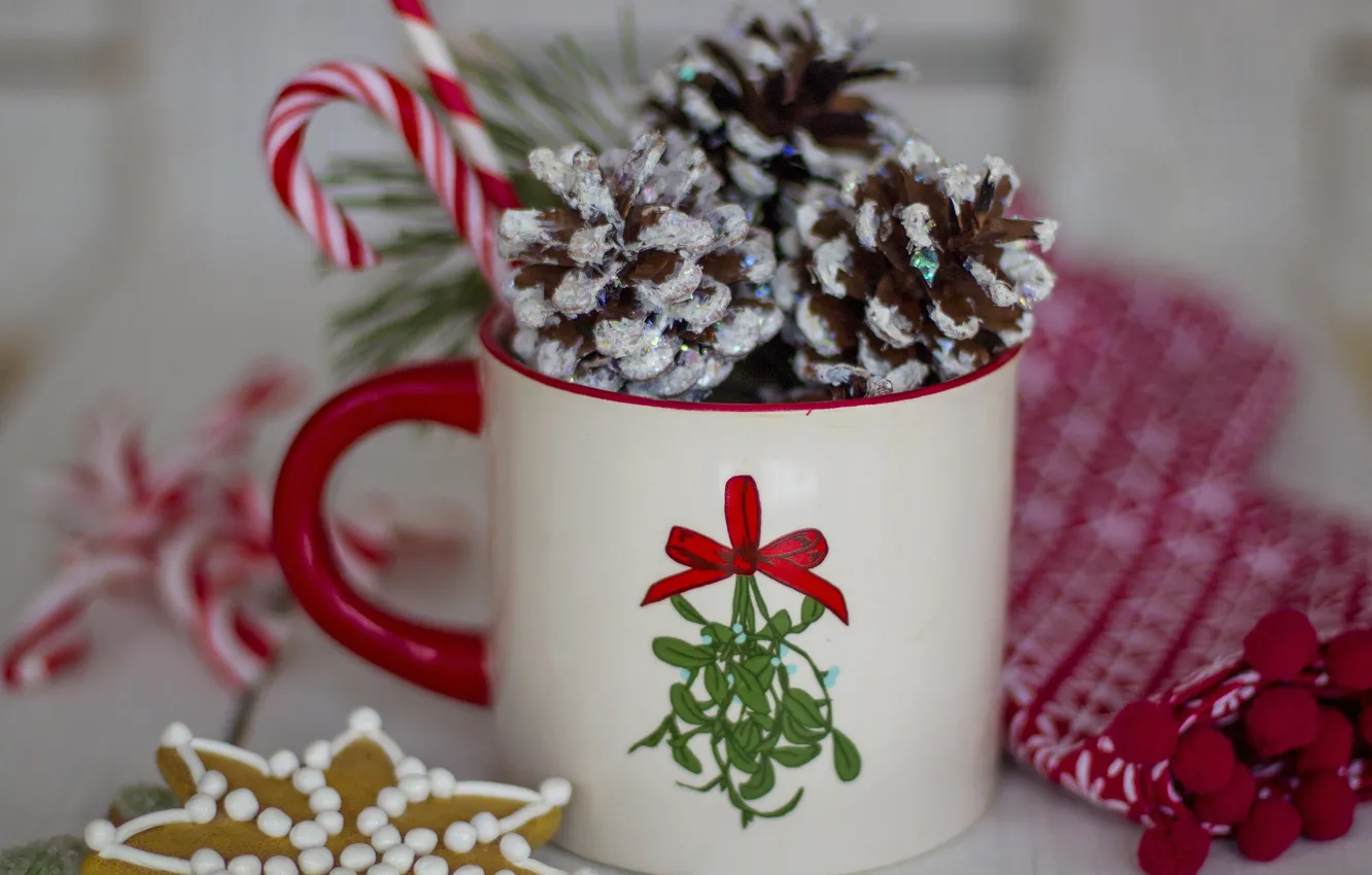 Photo wallpaper holiday, cookies, Christmas, mug, New year, bumps, bokeh, Christmas decorations