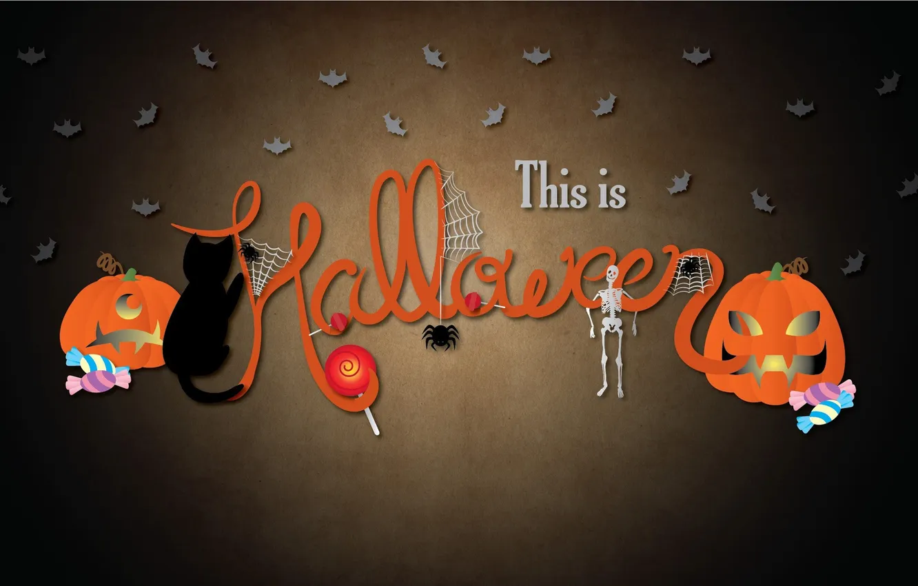 Photo wallpaper cat, holiday, skeleton, Halloween, pumpkin, Halloween, bats