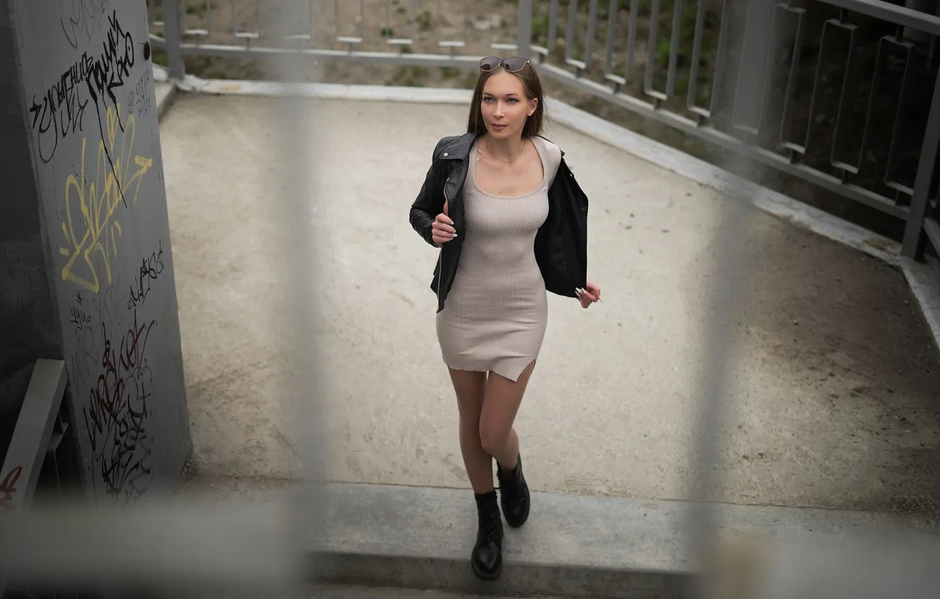 Photo wallpaper girl, model, brunette, urban, white dress, boots, sunglasses, leather jacket