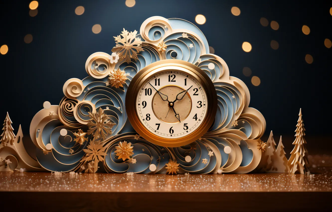 Photo wallpaper snowflakes, time, watch, new year, Christmas, dial, gold plated, herringbone