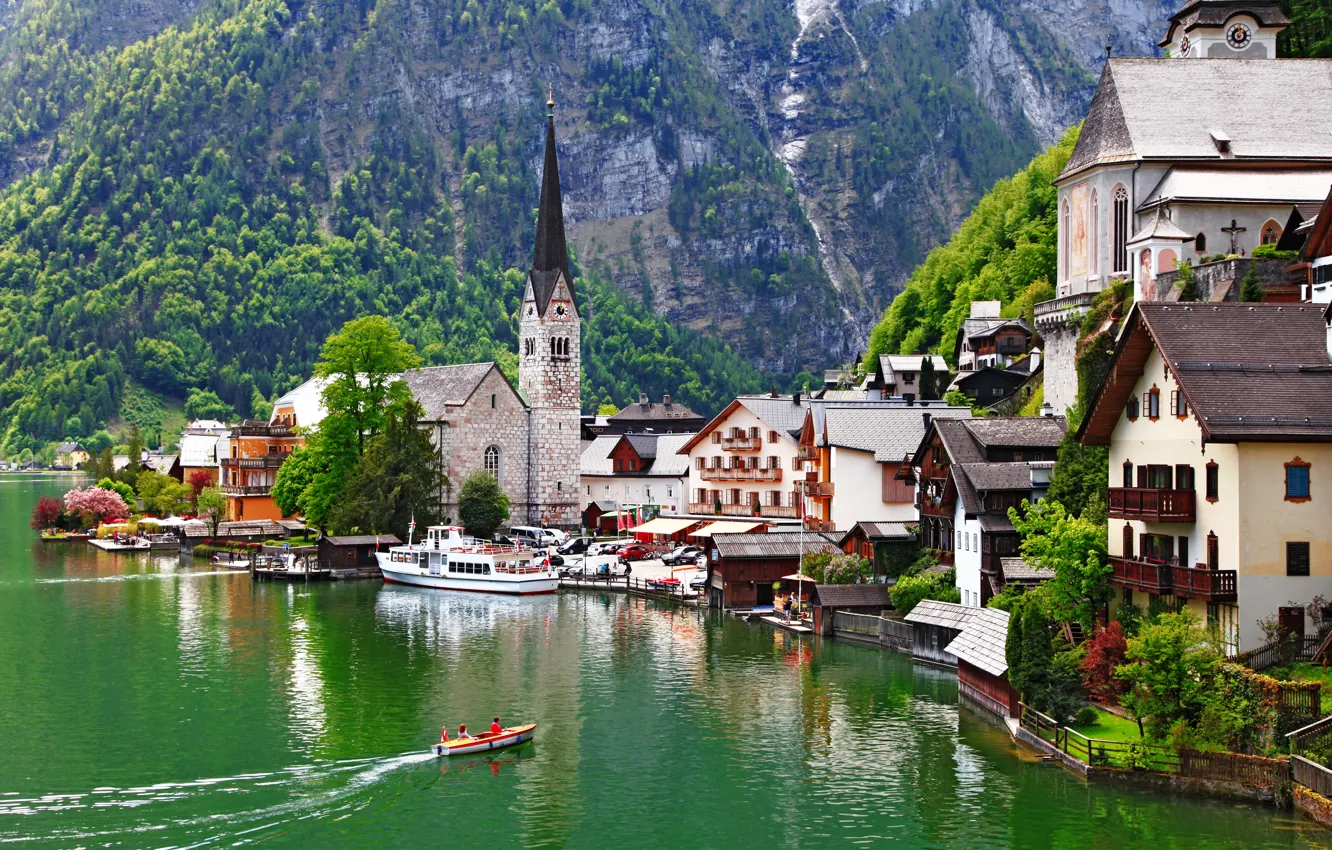 Photo wallpaper landscape, mountains, nature, lake, building, home, boats, Austria