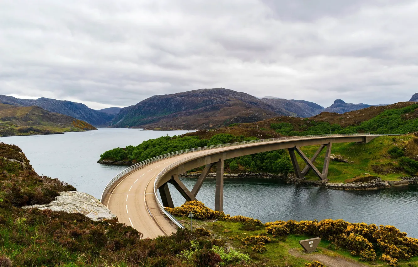 Photo wallpaper road, the sky, clouds, mountains, bridge, nature, river, hills