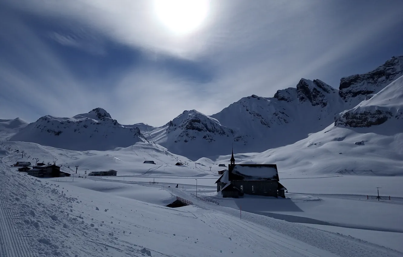 Photo wallpaper Switzerland, Alps, Church, Melchsee-Frutt