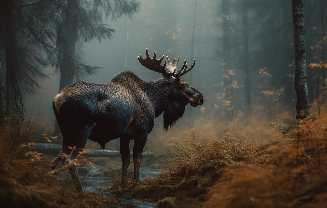 Photo wallpaper autumn, forest, trees, nature, fog, stream, walk, log