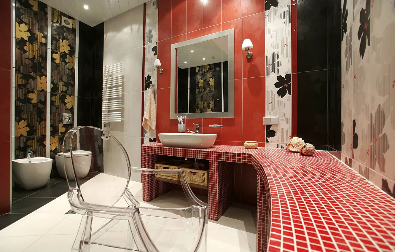 Photo wallpaper room, tile, sink, mirror, chair, toilet, bathroom