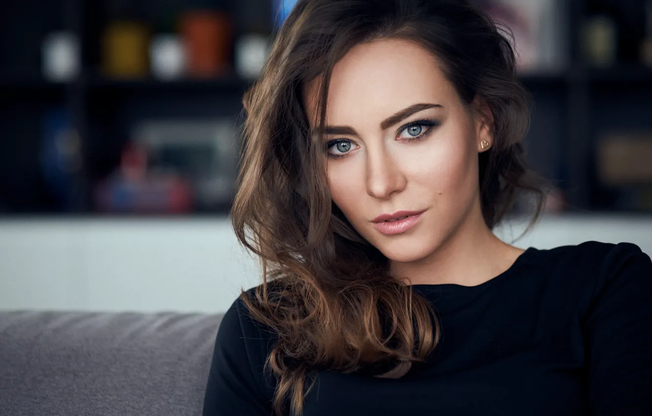 Photo wallpaper girl, photo, blue eyes, model, brunette, portrait, close up, wavy hair