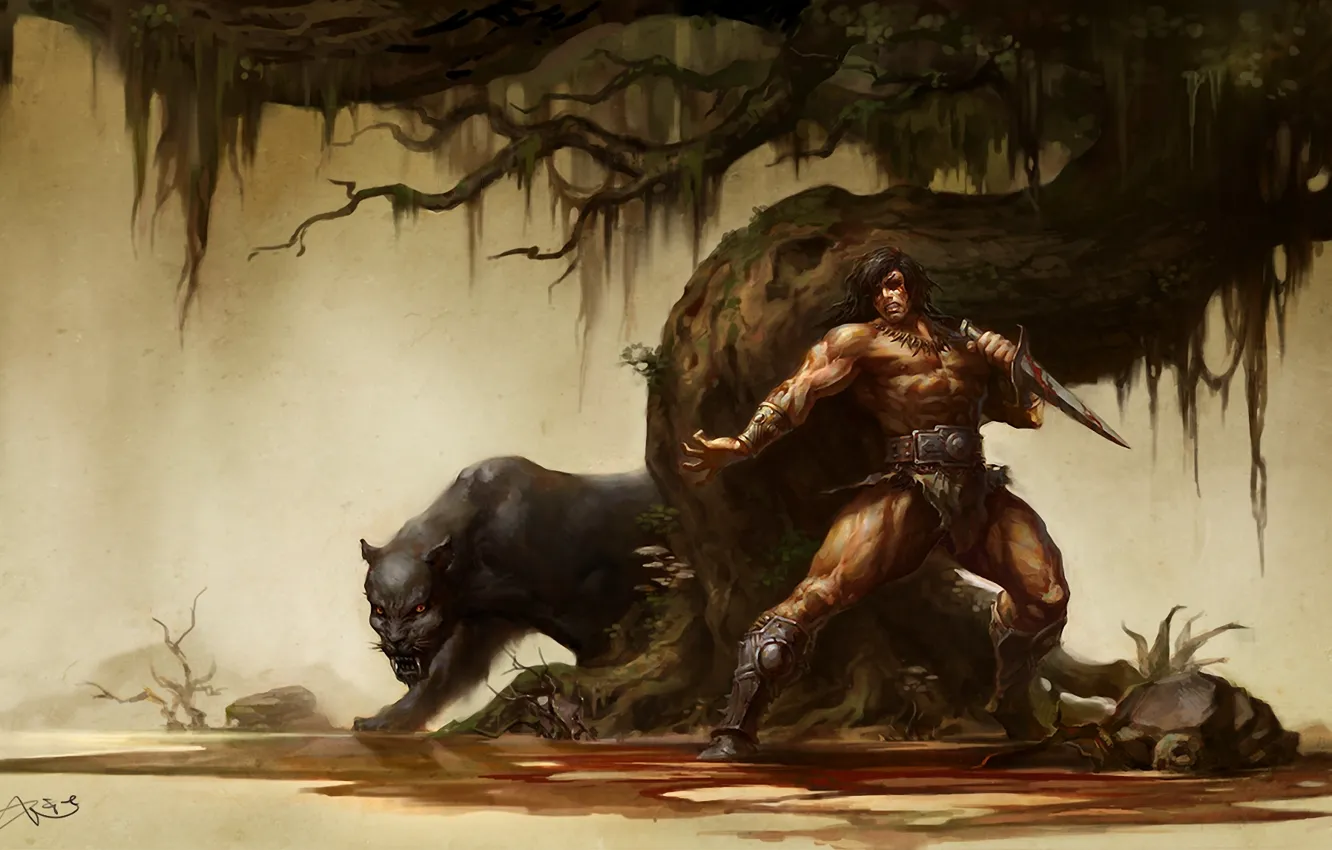 Photo wallpaper cat, trees, weapons, monster, Panther, warrior, art, dagger
