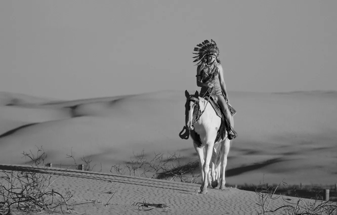 Photo wallpaper sand, girl, horse, desert, horse, headdress