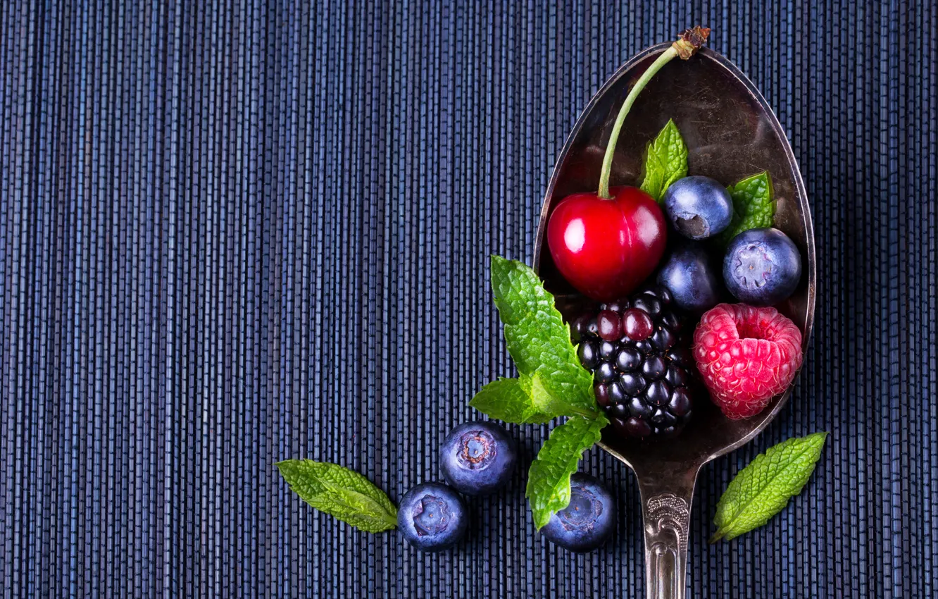Photo wallpaper cherry, raspberry, blueberries, spoon, BlackBerry, cherry, spoon, blueberry