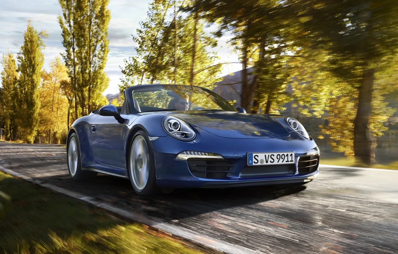 Photo wallpaper Road, Autumn, Trees, 911, Porsche, Machine, Speed, Convertible