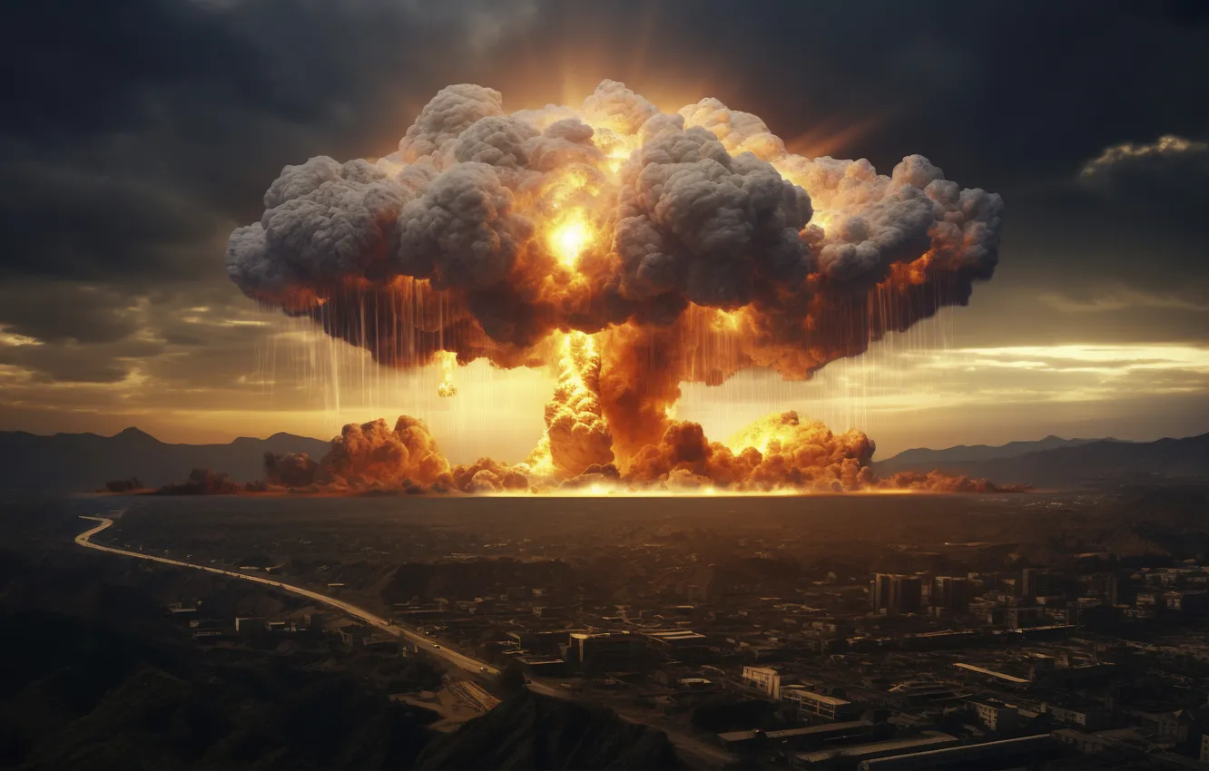 Photo wallpaper Clouds, Home, The city, Fire, Mushroom, The explosion, Digital art, A nuclear explosion