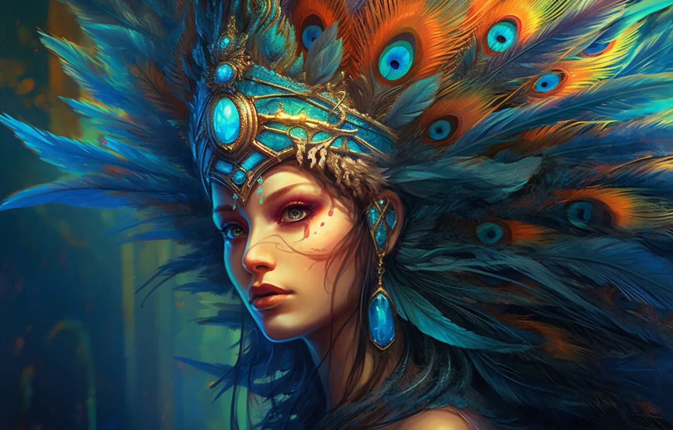 Photo wallpaper look, girl, decoration, face, style, fantasy, bird, portrait