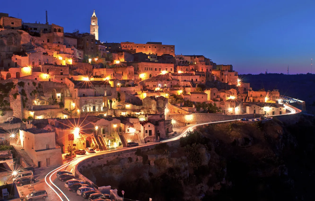 Photo wallpaper city, lights, Italy, sunset, evening, street, houses, Matera
