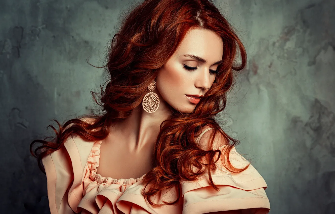 Photo wallpaper girl, pose, hair, portrait, dress, red, beautiful, curls