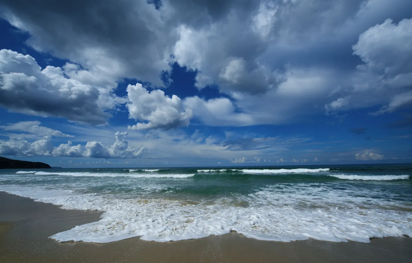 Photo wallpaper sand, sea, wave, beach, the sky, water, clouds, landscape