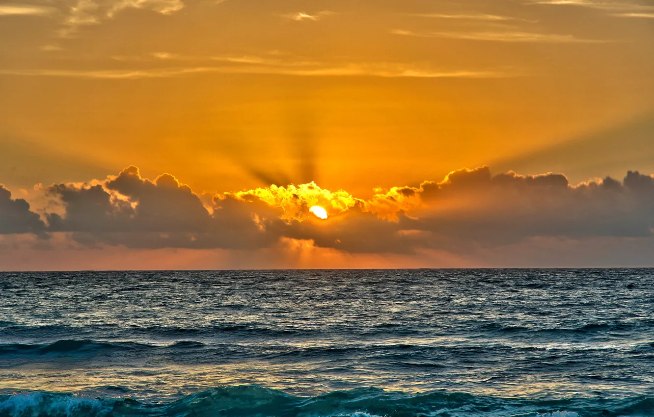 Photo wallpaper sea, the sky, the sun, clouds, rays, sunset, horizon