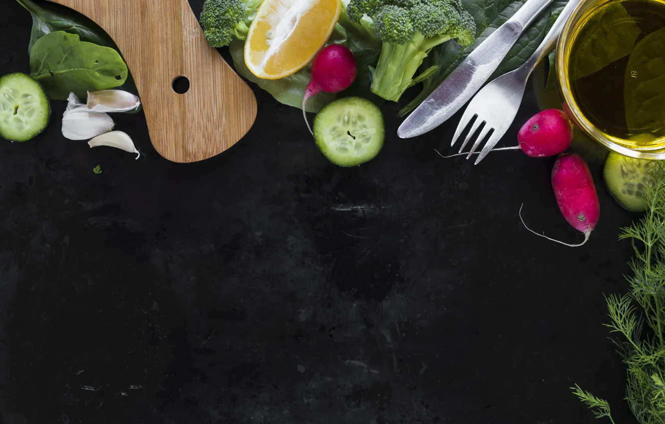 Photo wallpaper greens, lemon, vegetables, broccoli, radishes