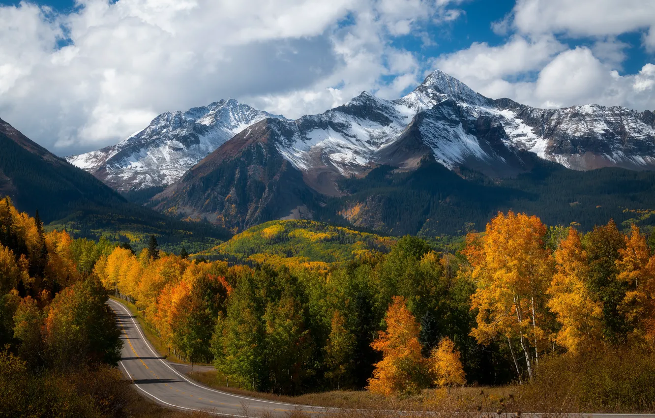 Photo wallpaper autumn, forest, landscape, mountains, view