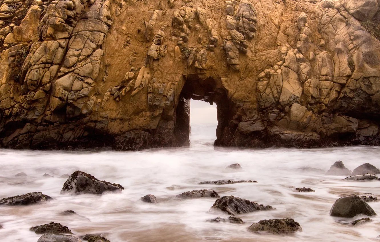Photo wallpaper water, landscape, squirt, rocks, hole, the grotto