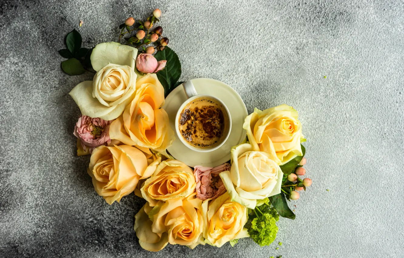 Photo wallpaper background, coffee, roses, Cup, buds, Anna Bogush