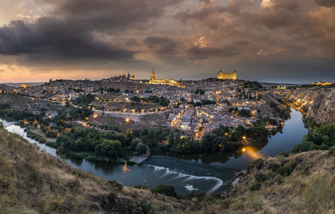 Photo wallpaper lights, river, castle, home, the evening, panorama, Spain, Toledo