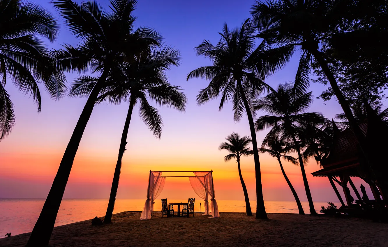 Photo wallpaper sand, sea, wave, beach, summer, sunset, palm trees, shore