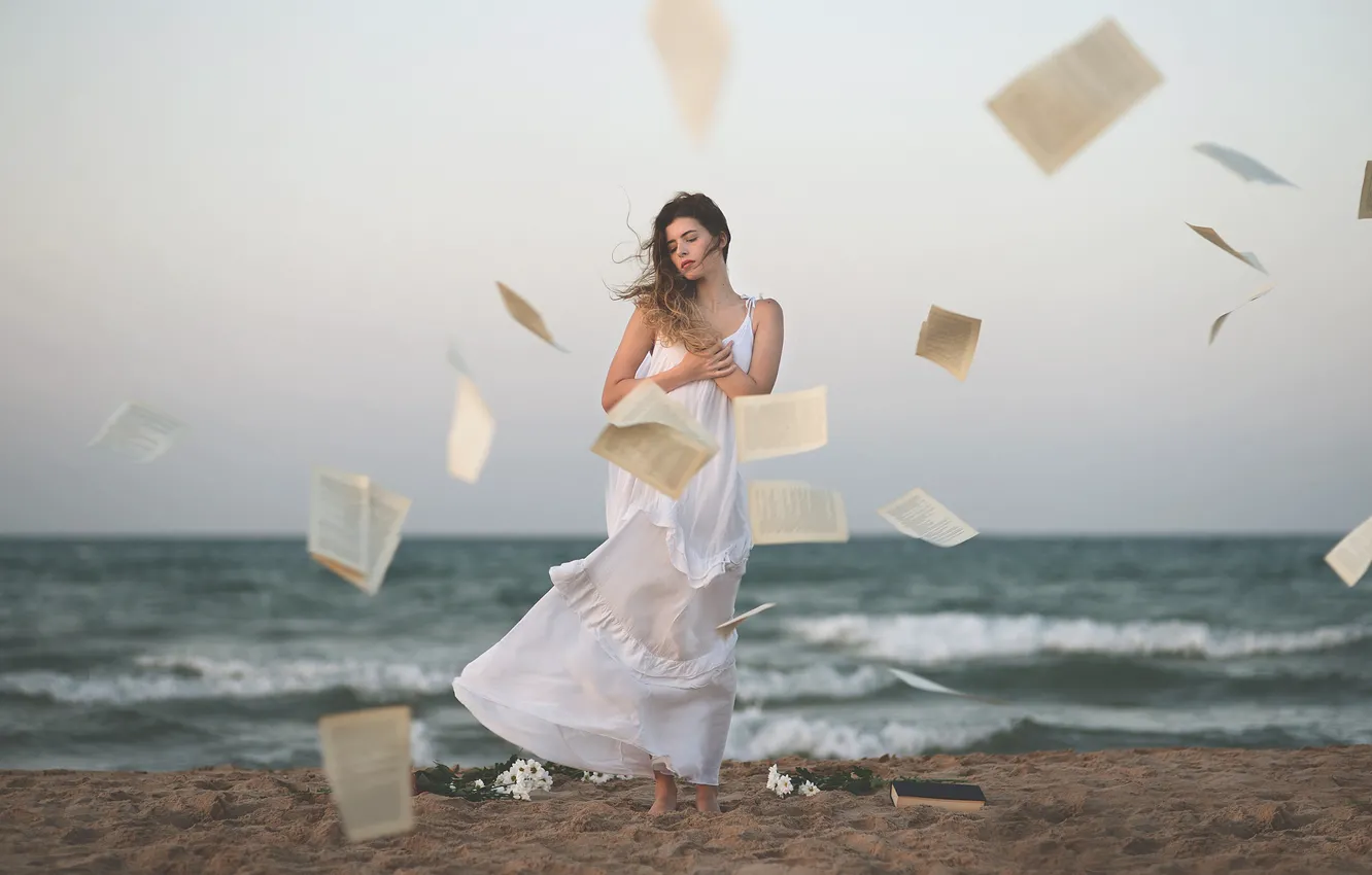 Photo wallpaper girl, the wind, shore, dress, book, page, Ana Valenciano