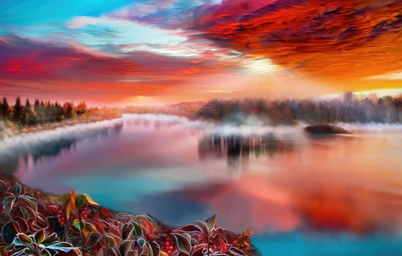 Photo wallpaper the sky, trees, sunset, flowers, nature, fog, lake, by exobiology