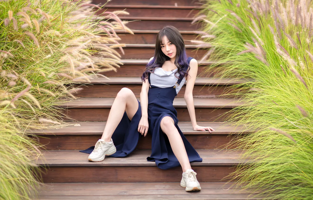 Photo wallpaper girl, steps, Asian, sitting