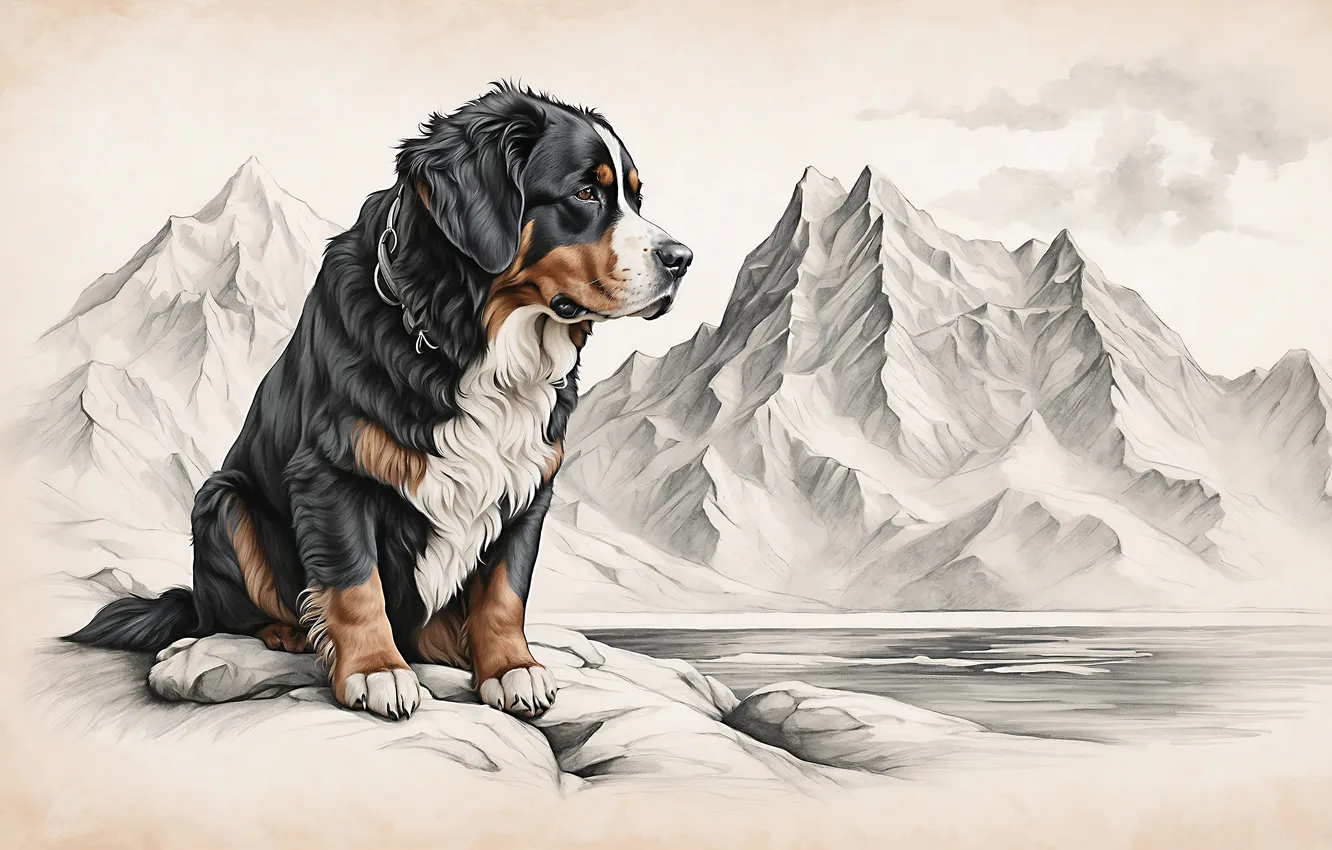 Photo wallpaper mountains, dog, Bernese mountain dog