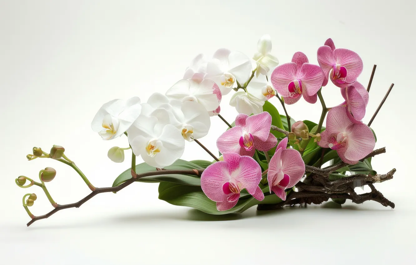 Photo wallpaper leaves, flowers, branches, white background, pink, white, Orchid, AI art