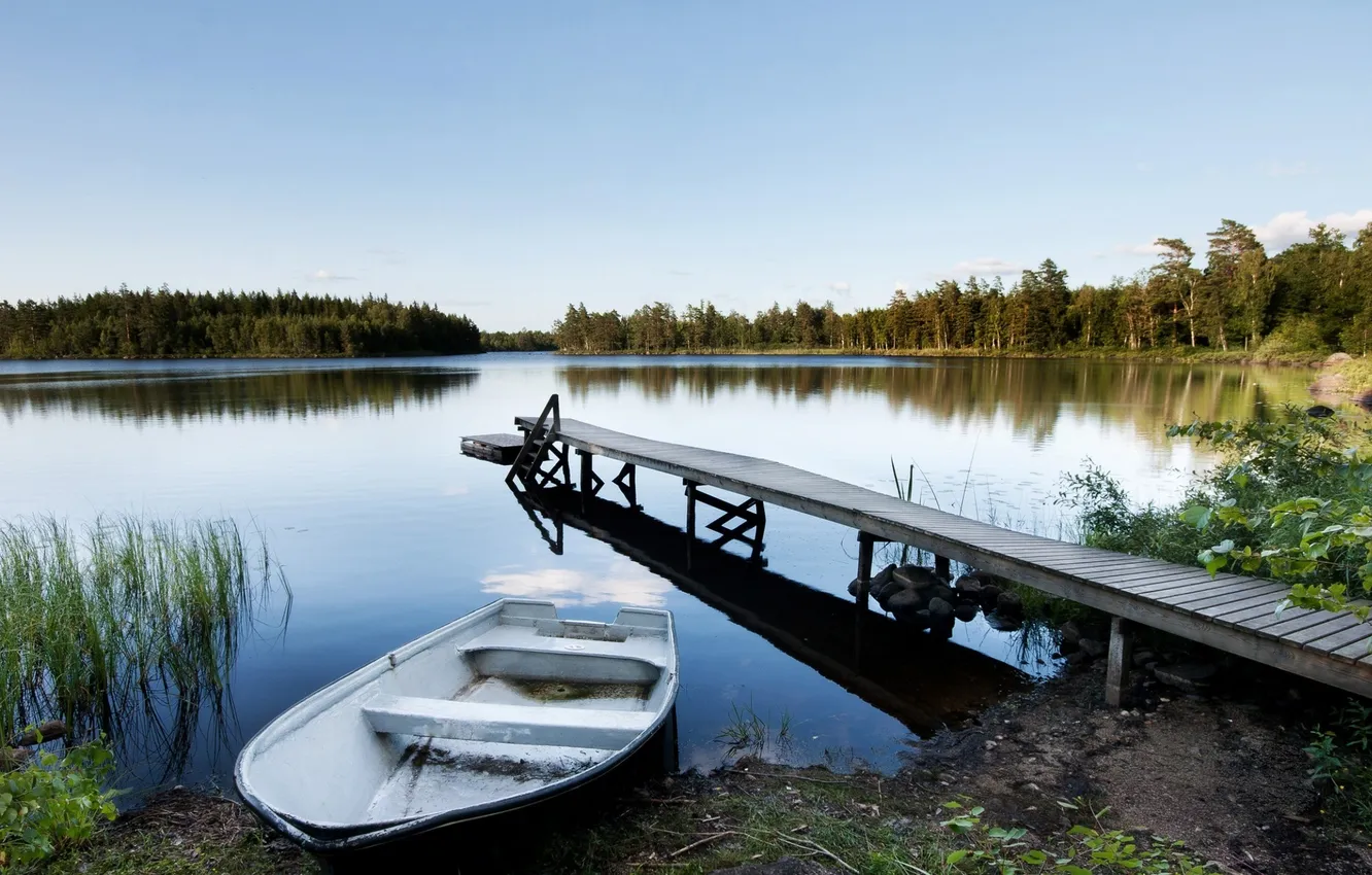 Photo wallpaper forest, the sky, landscape, nature, lake, shore, boat, plant