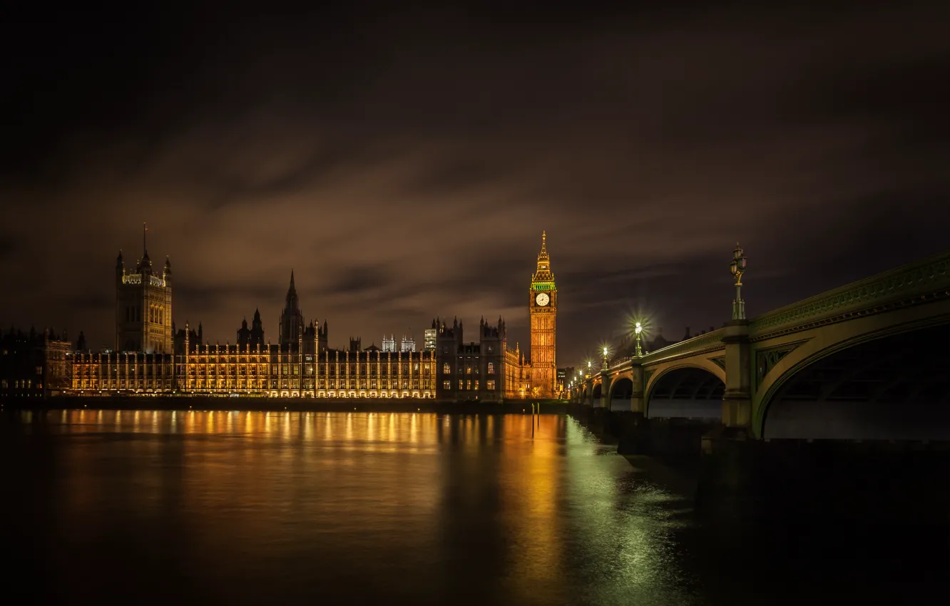 Photo wallpaper night, bridge, lights, London, Thames, Westminster