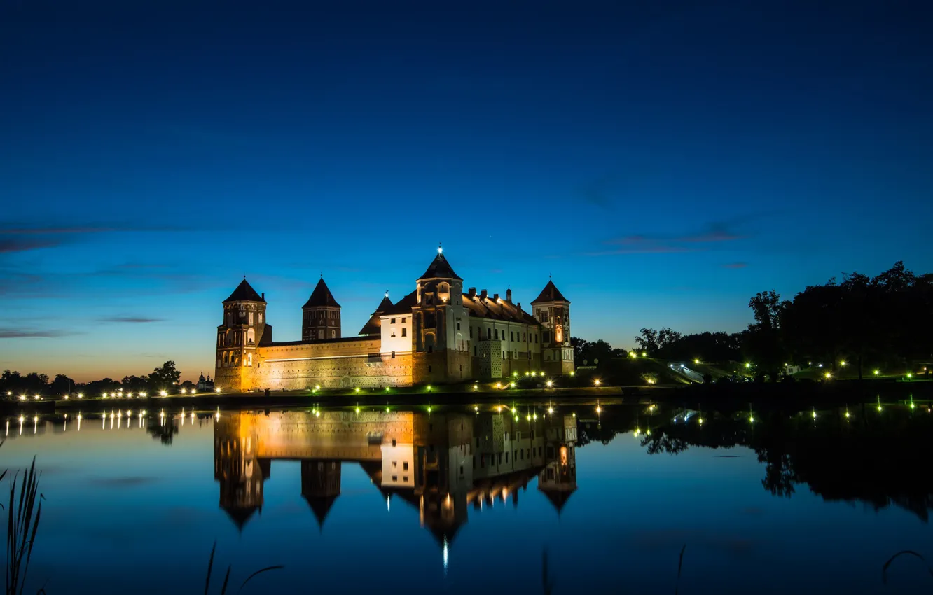 Photo wallpaper the sky, sunset, night, lights, river, Belarus, Mir castle, Belarus