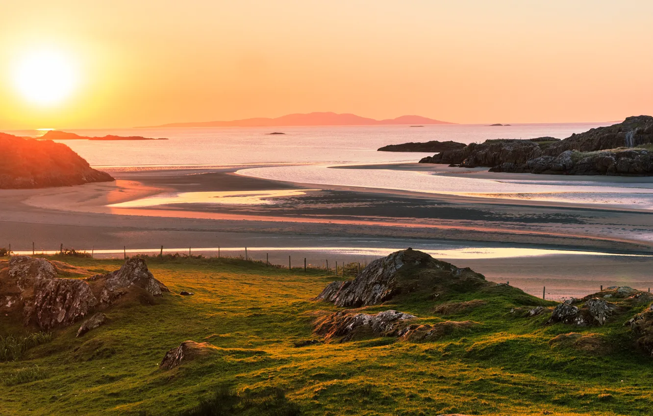 Photo wallpaper sea, the sun, hills, shore, slope, Scotland