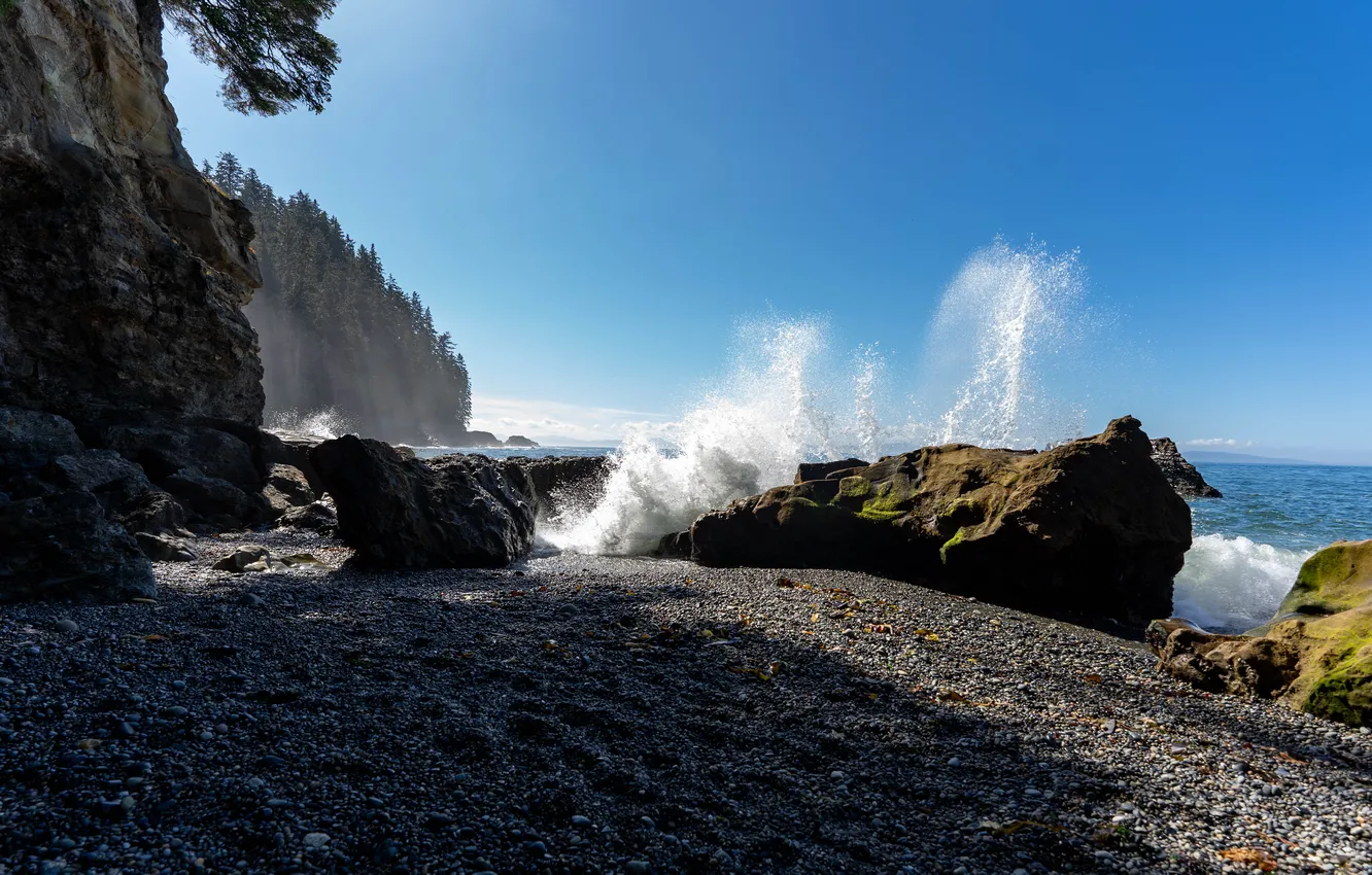 Photo wallpaper sea, squirt, stones, rocks