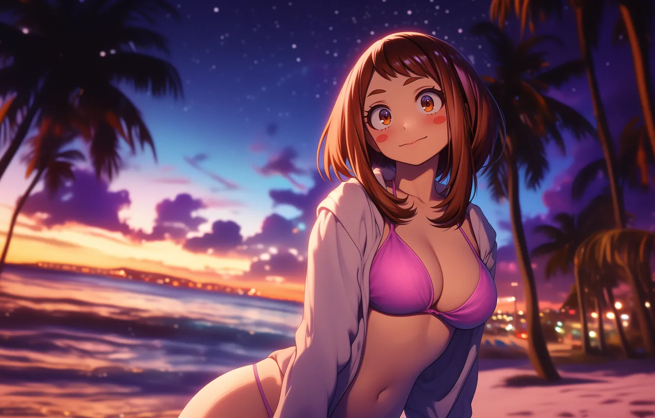 Photo wallpaper swimsuit, night, palm trees, anime, art, wallpaper, jacket, My hero Academy