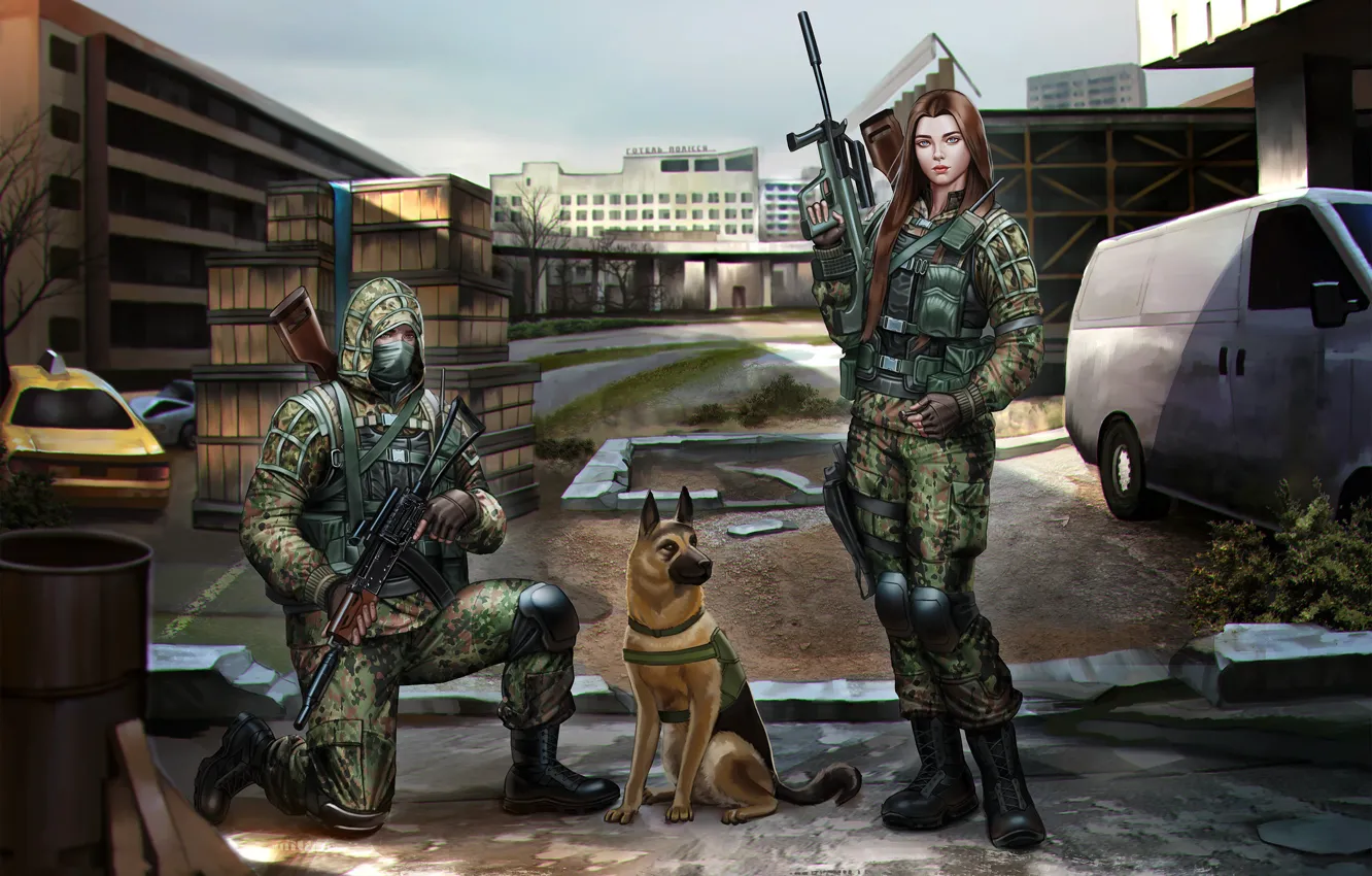 Photo wallpaper Girl, Dog, Soldiers, Guy