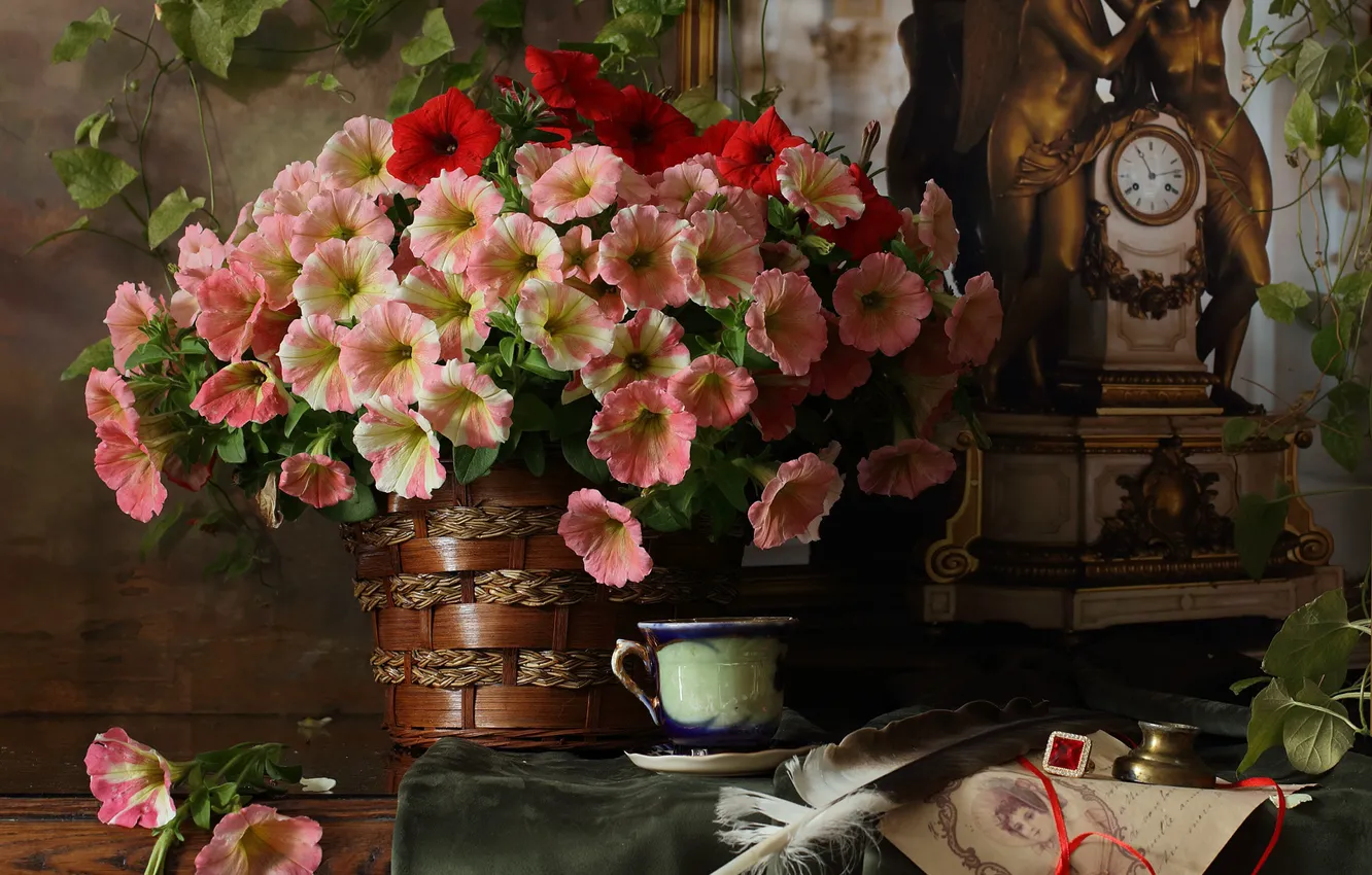 Photo wallpaper flowers, watch, bouquet, still life, figure, figurines, petunias