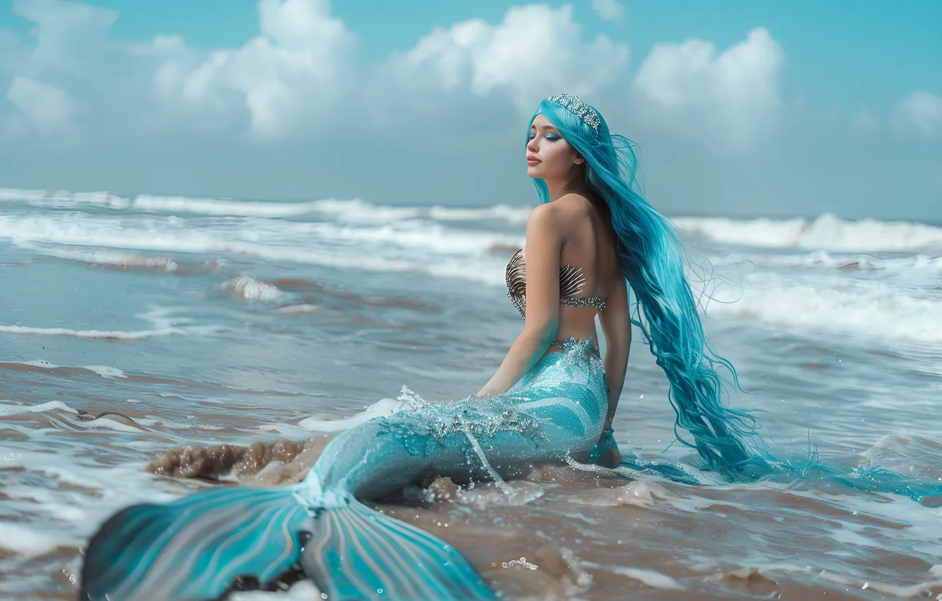 Photo wallpaper sea, wave, girl, hair, mermaid, tail, digital art, AI art