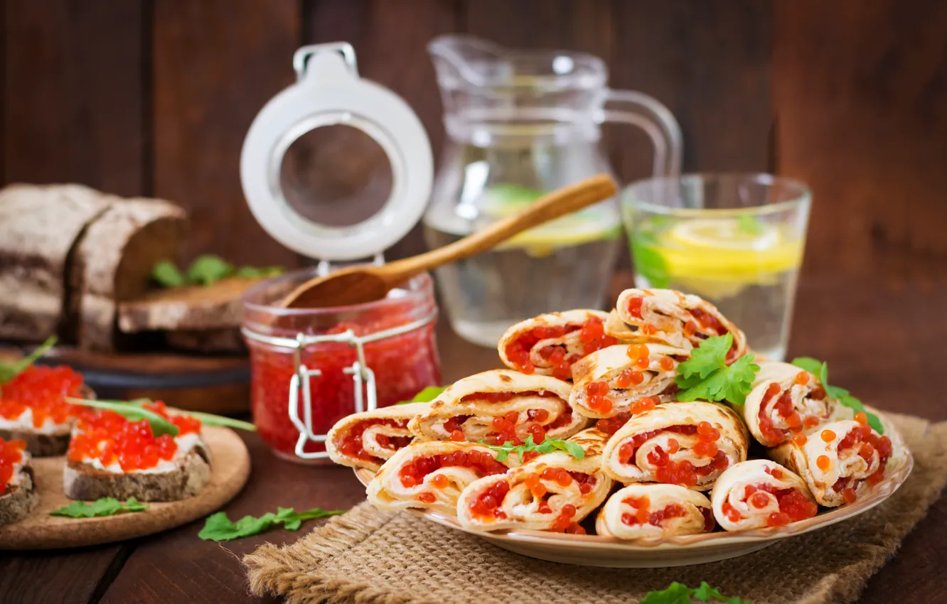 Photo wallpaper red, plate, pancakes, caviar, appetizer, Timolina