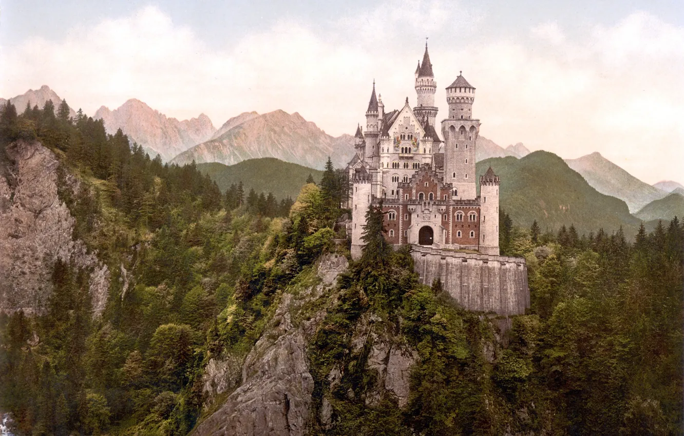 Photo wallpaper forest, mountains, castle