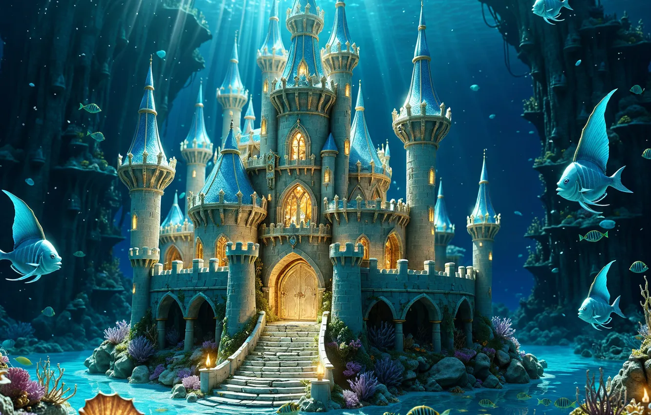 Photo wallpaper light, fish, castle, underwater world