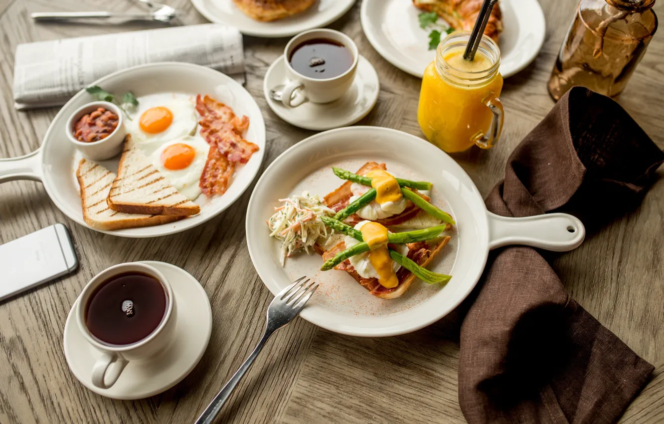 Photo wallpaper tea, Breakfast, juice, scrambled eggs, bacon, toast, asparagus, mustard