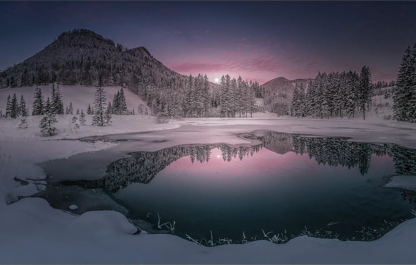 Photo wallpaper winter, forest, snow, mountains, lake, reflection, the evening, ate