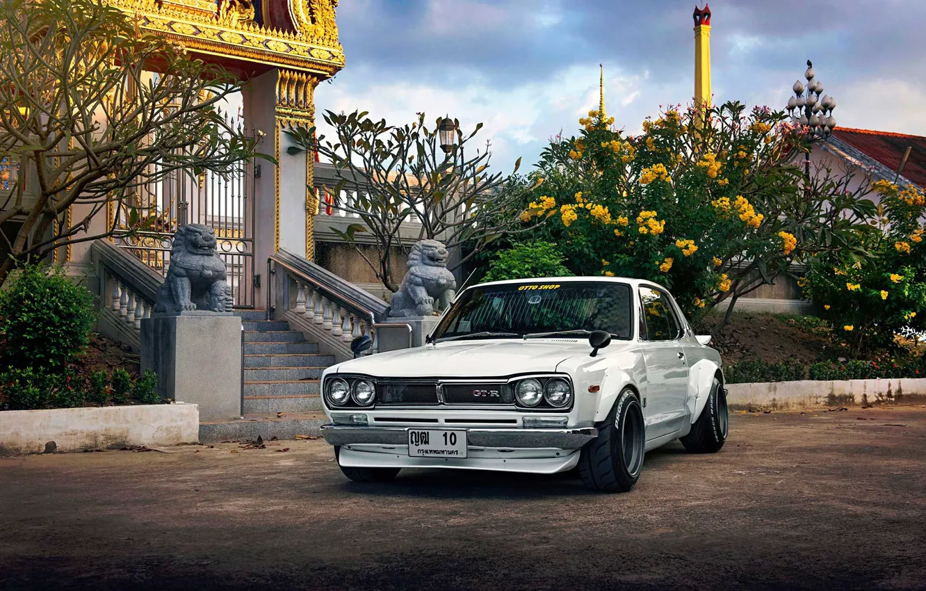 Photo wallpaper machine, auto, white, lights, 1971, Nissan, car, 2000